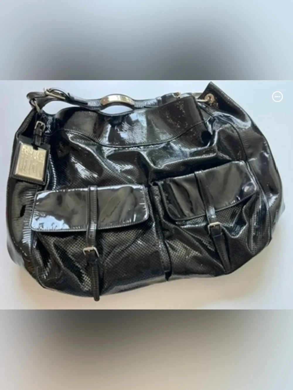 Ralph Lauren Collection Patent Perforated Leather Hobo Bag Black